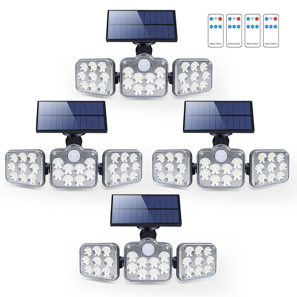 Solar outdoor lights with 138 LEDs and three adjustable heads for 360-degree illumination, designed for outdoor use.