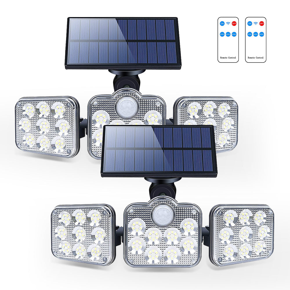 Solar outdoor lights with 138 LEDs and three adjustable heads for 360-degree illumination, designed for outdoor use.