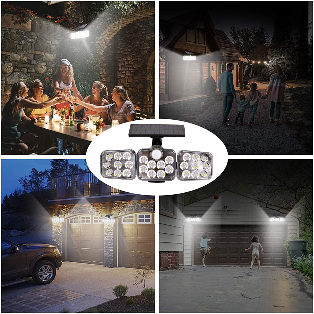 Solar outdoor lights with 138 LEDs and three adjustable heads for 360-degree illumination, designed for outdoor use.