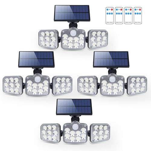 Solar outdoor lights with 138 LEDs and three adjustable heads for 360-degree illumination, designed for outdoor use.