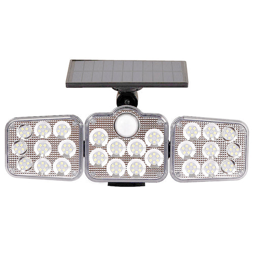 Solar outdoor lights with 138 LEDs and three adjustable heads for 360-degree illumination, designed for outdoor use.