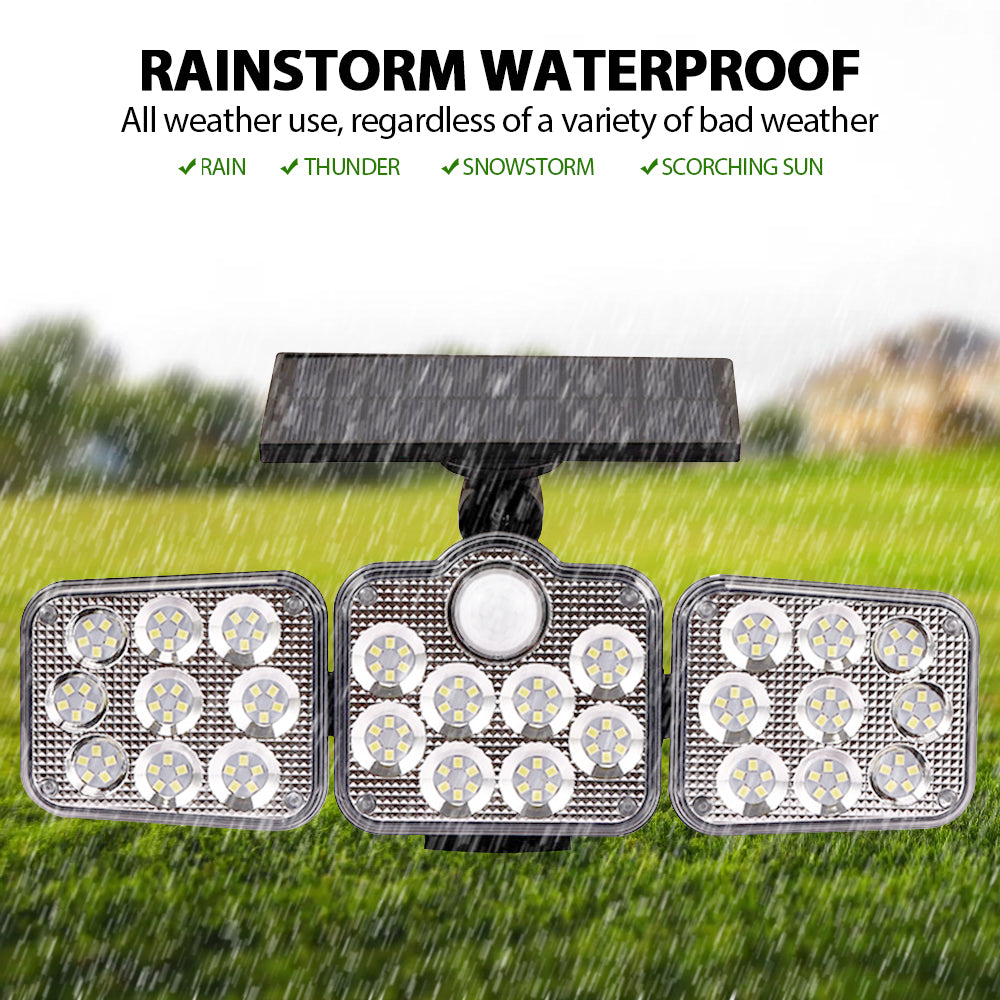 Solar outdoor lights with 138 LEDs and three adjustable heads for 360-degree illumination, designed for outdoor use.