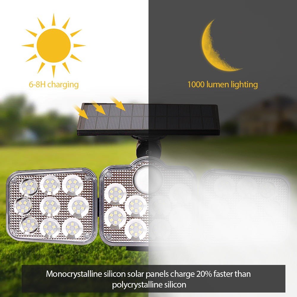 Solar outdoor lights with 138 LEDs and three adjustable heads for 360-degree illumination, designed for outdoor use.