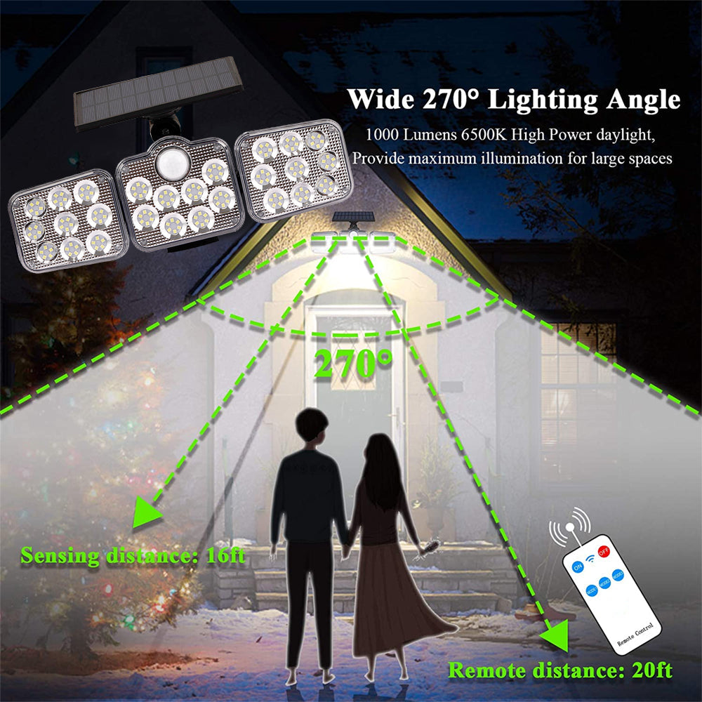 Solar outdoor lights with 138 LEDs and three adjustable heads for 360-degree illumination, designed for outdoor use.