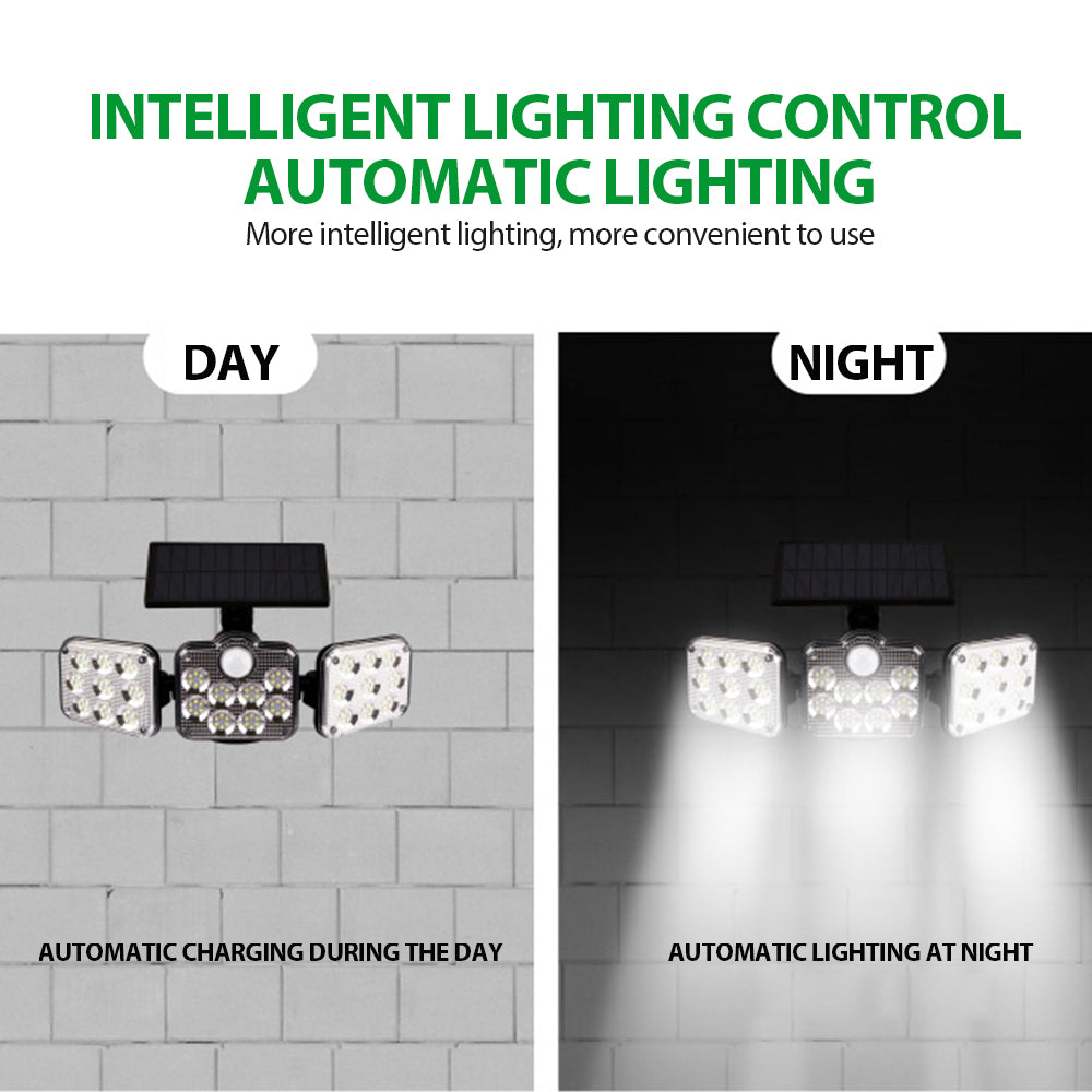 Solar outdoor lights with 138 LEDs and three adjustable heads for 360-degree illumination, designed for outdoor use.