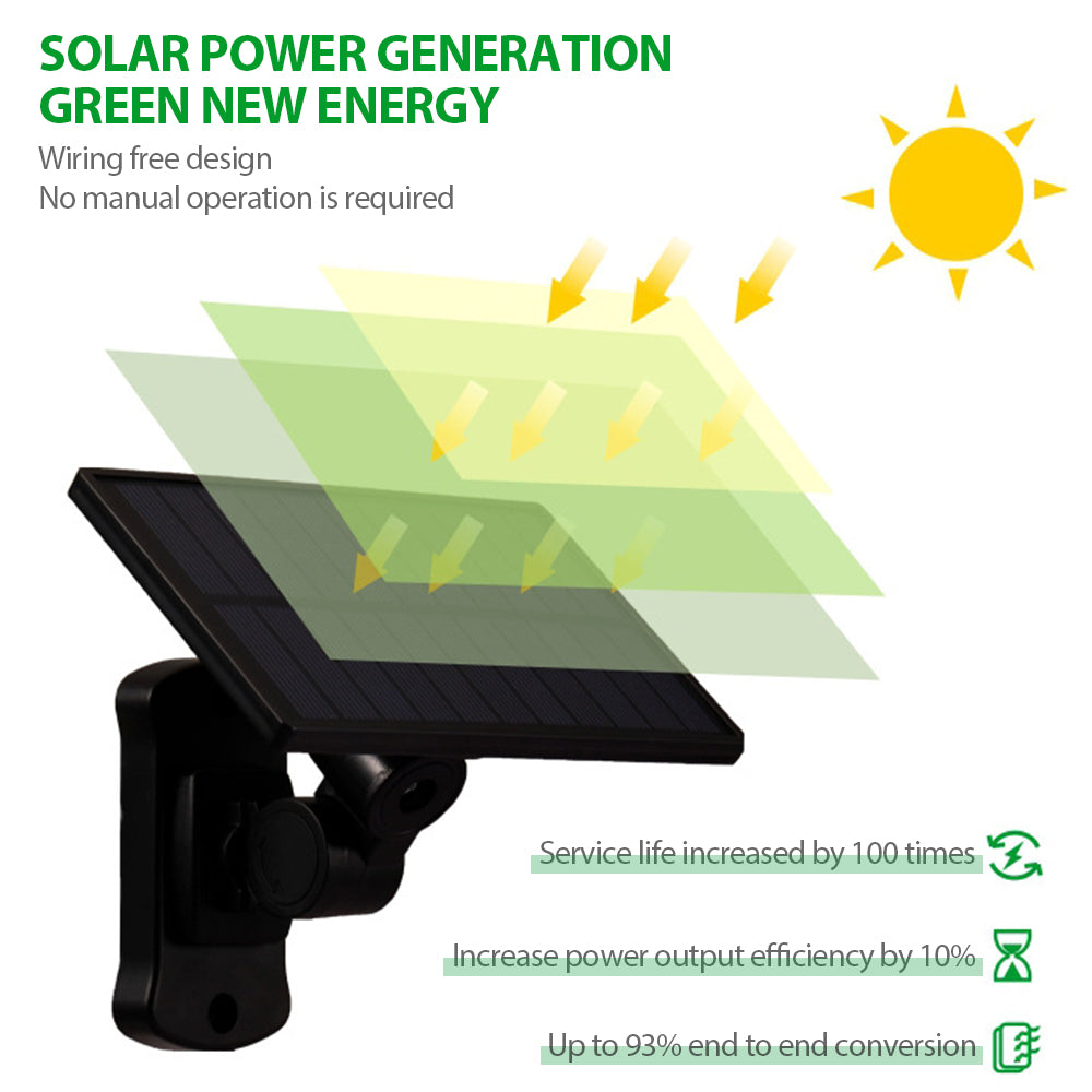 Solar outdoor lights with 138 LEDs and three adjustable heads for 360-degree illumination, designed for outdoor use.