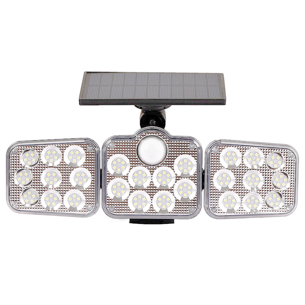 Solar outdoor lights with 138 LEDs and three adjustable heads for 360-degree illumination, designed for outdoor use.