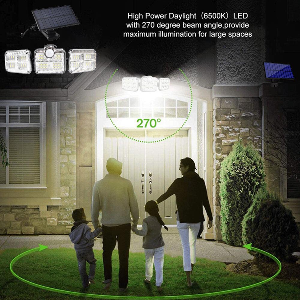 Solar Sensor Light with 122 LEDs and three adjustable heads, designed for outdoor use, showcasing its sleek design and functionality.