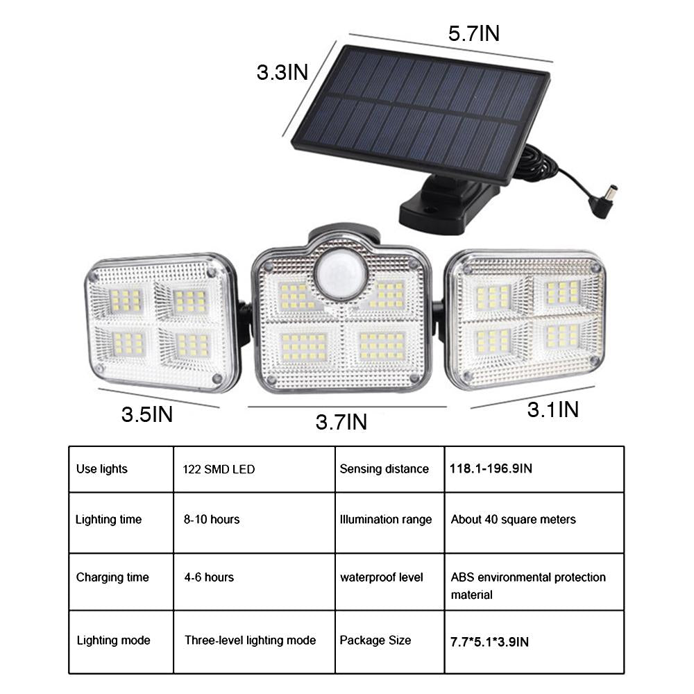 Solar Sensor Light with 122 LEDs and three adjustable heads, designed for outdoor use, showcasing its sleek design and functionality.