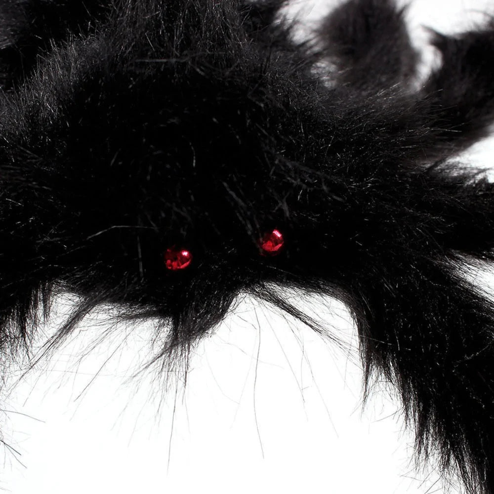 A lifelike plush spider decoration for Halloween, showcasing intricate details and available in three sizes.