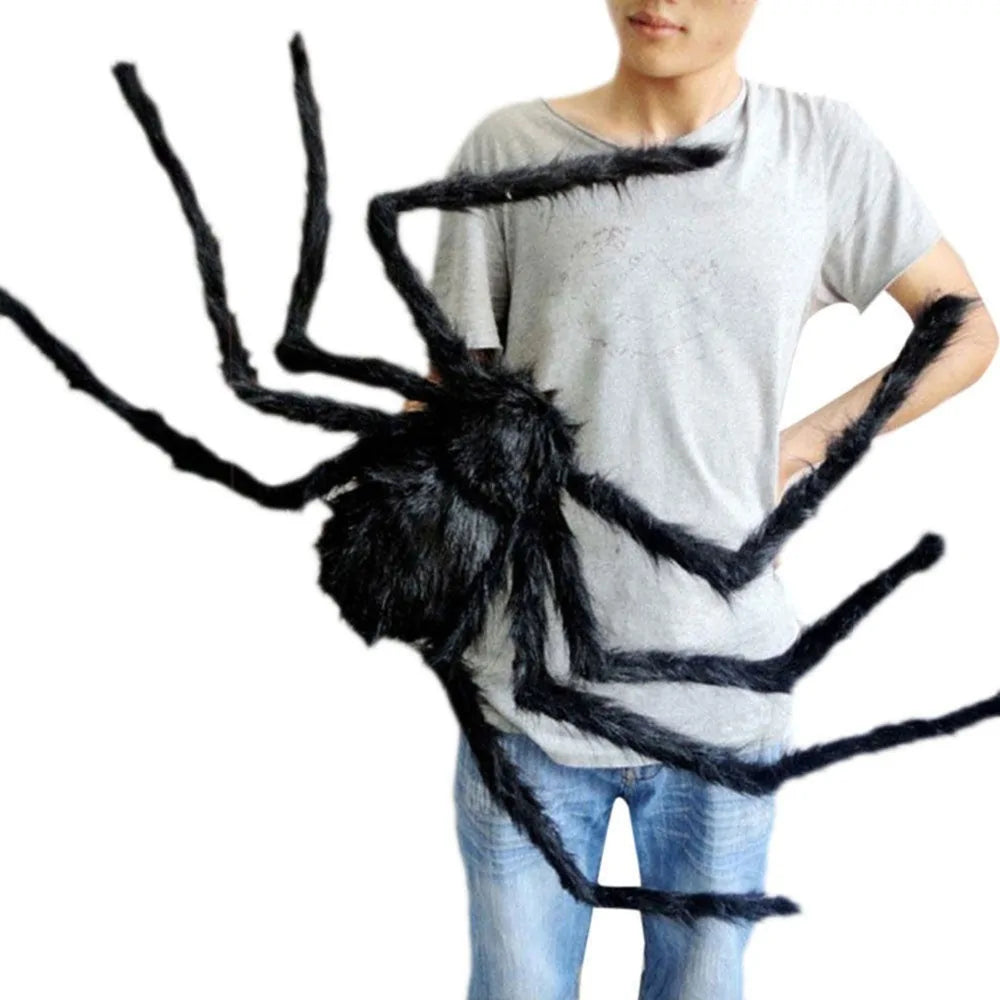 A lifelike plush spider decoration for Halloween, showcasing intricate details and available in three sizes.