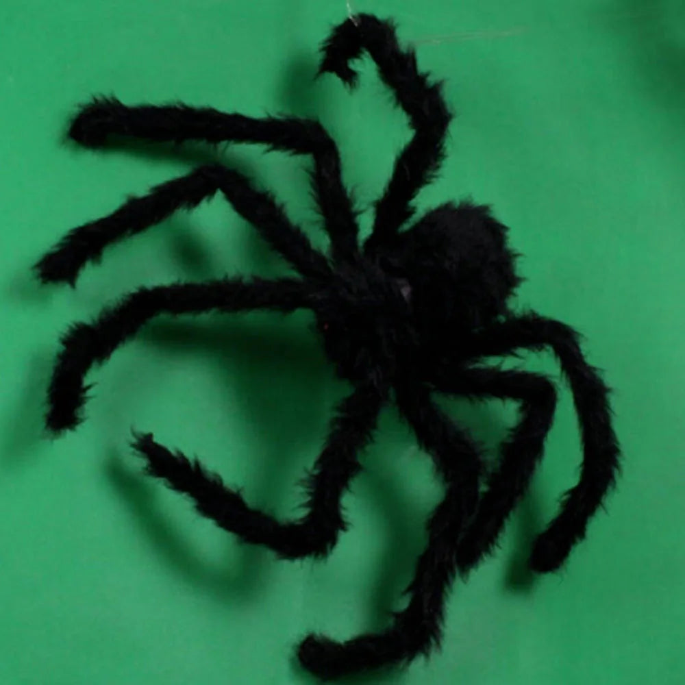 A lifelike plush spider decoration for Halloween, showcasing intricate details and available in three sizes.