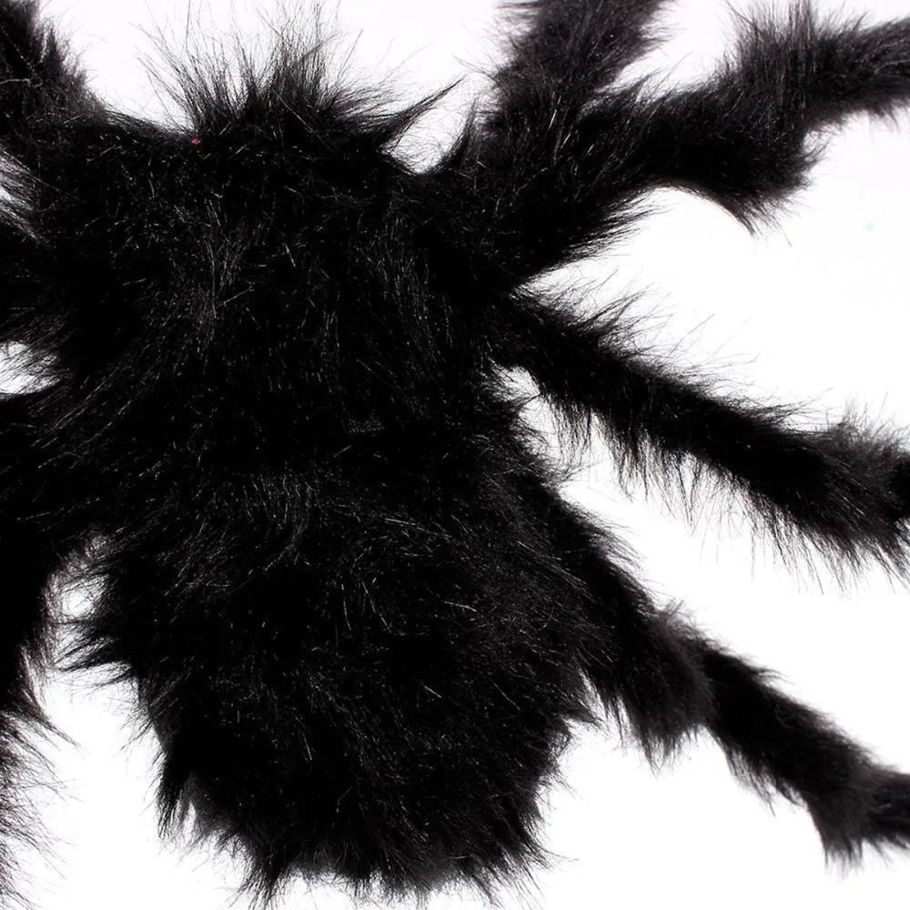 A lifelike plush spider decoration for Halloween, showcasing intricate details and available in three sizes.