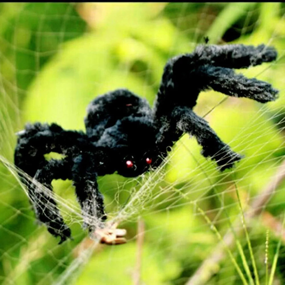 A lifelike plush spider decoration for Halloween, showcasing intricate details and available in three sizes.