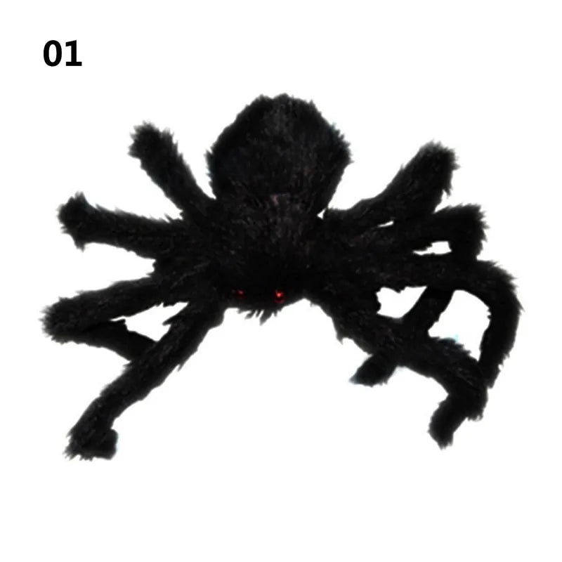 A lifelike plush spider decoration for Halloween, showcasing intricate details and available in three sizes.