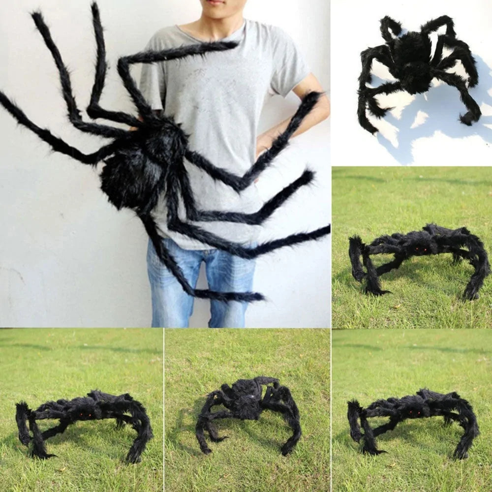 A lifelike plush spider decoration for Halloween, showcasing intricate details and available in three sizes.