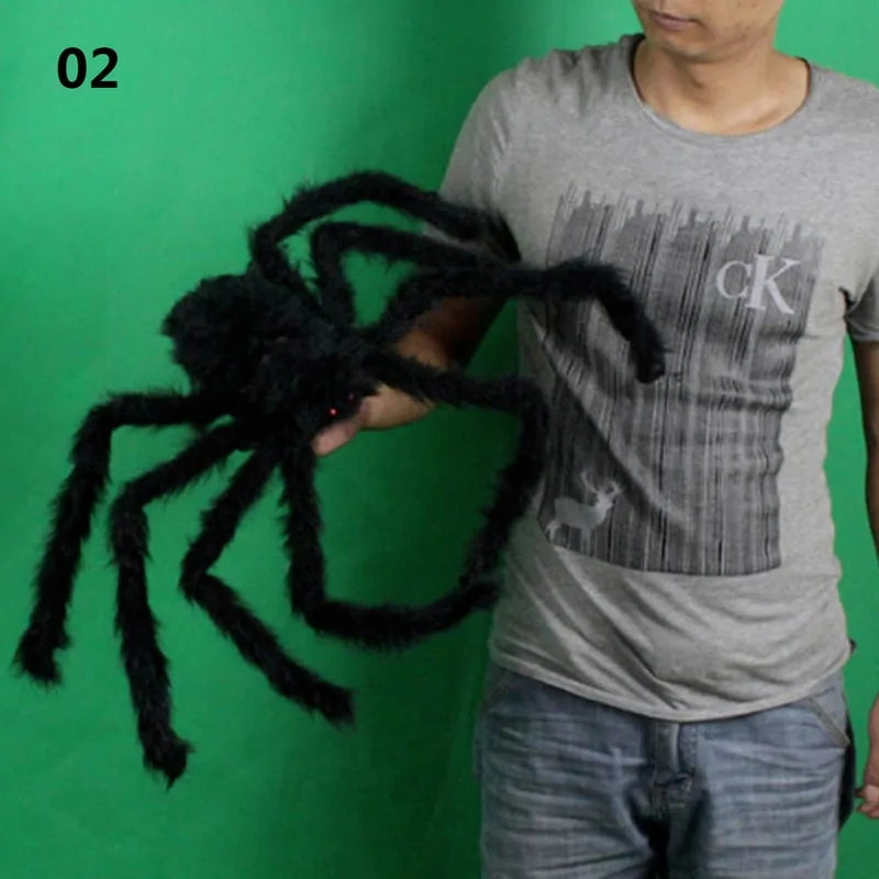 A lifelike plush spider decoration for Halloween, showcasing intricate details and available in three sizes.