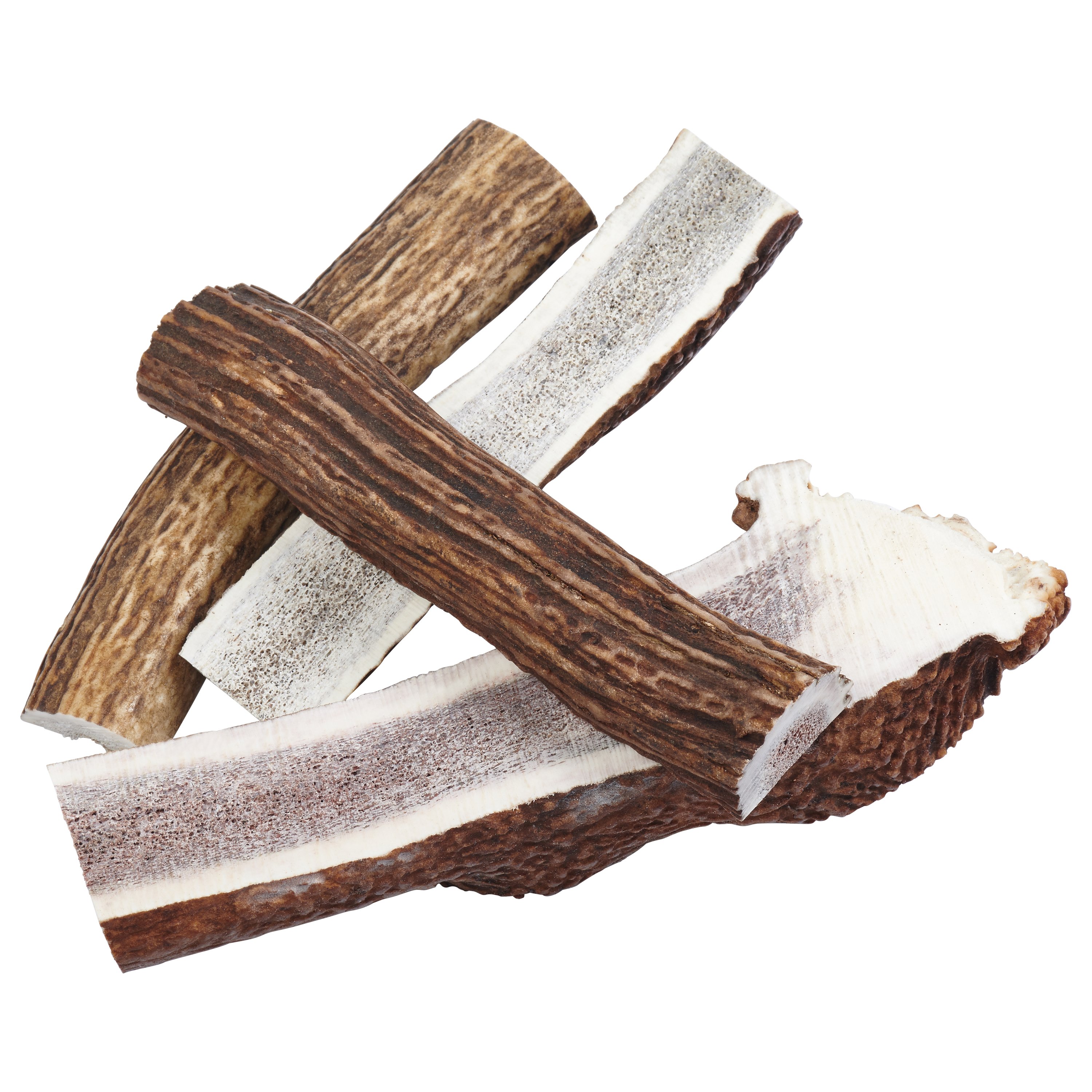 A selection of split elk antler dog chews, showcasing their natural texture and color, perfect for strong chewers.