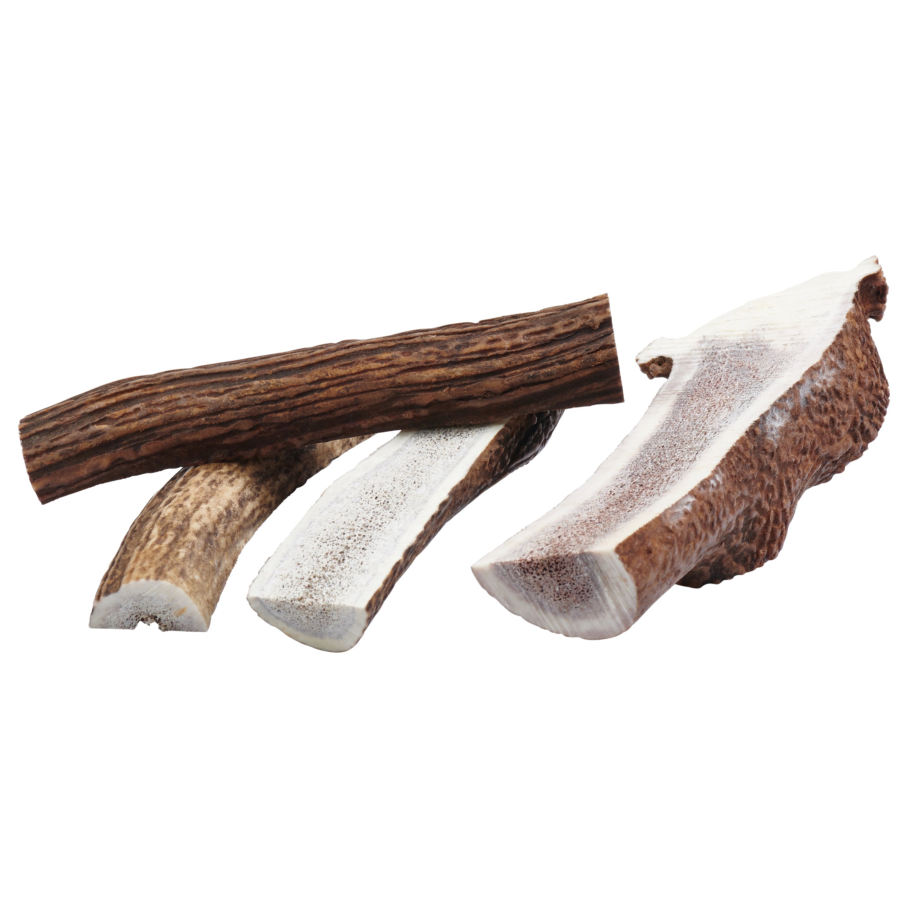 A selection of split elk antler dog chews, showcasing their natural texture and color, perfect for strong chewers.