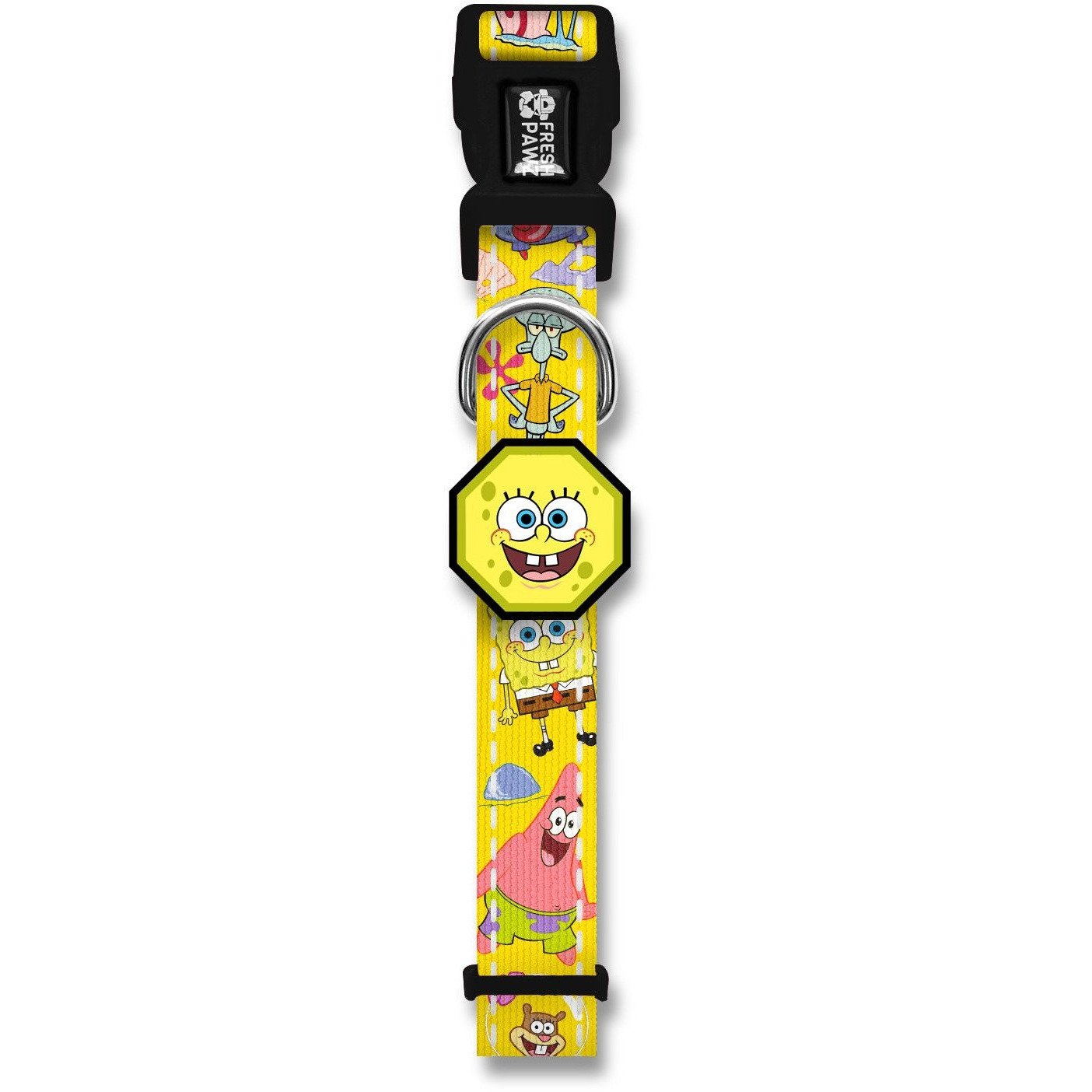 Spongebob x Fresh Pawz collar featuring vibrant colors and a branded buckle, designed for comfort and safety.