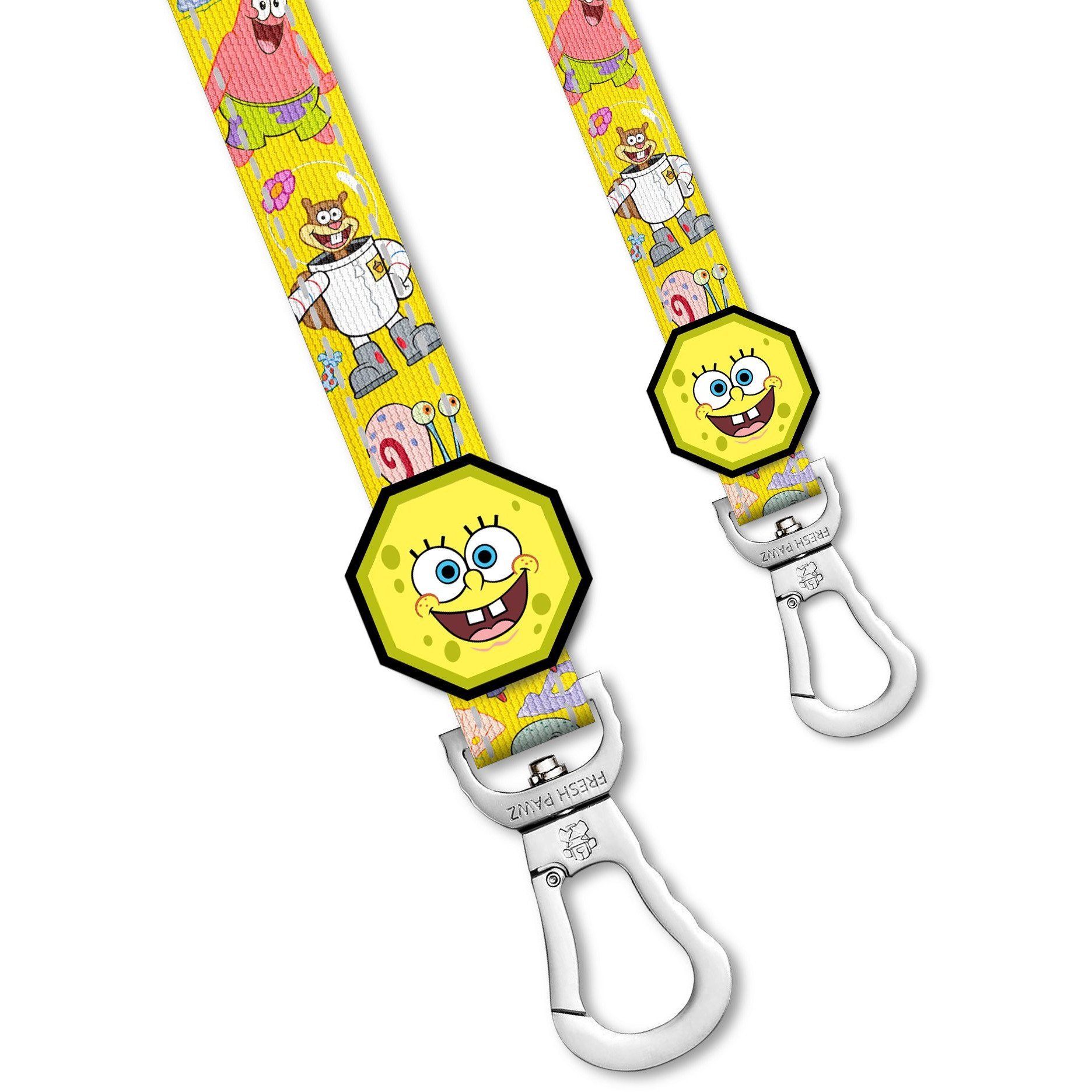 Spongebob x Fresh Pawz leash featuring a colorful design with neoprene padded handle and reflective strips for safety.
