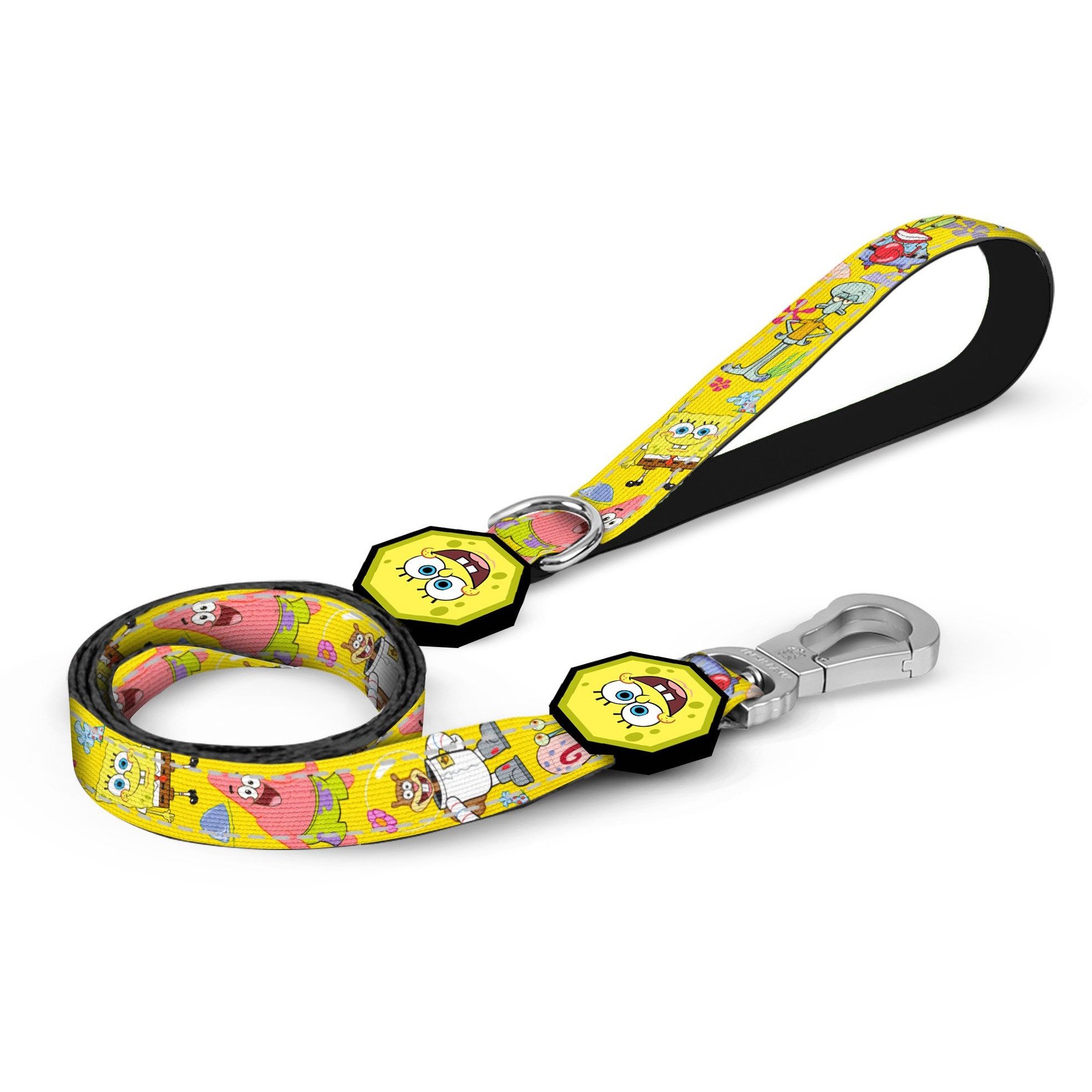 Spongebob x Fresh Pawz leash featuring a colorful design with neoprene padded handle and reflective strips for safety.