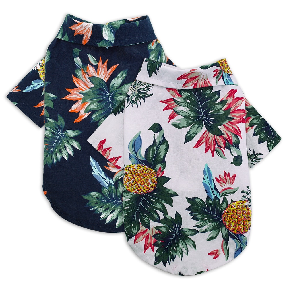 Tropical dog shirts with pineapples.