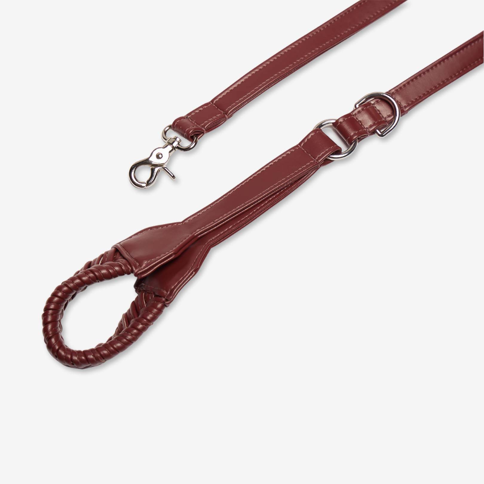 Stand by Me Leash in Bordeaux Red, featuring a hand-braided design and silver hardware, perfect for stylish dog walks.