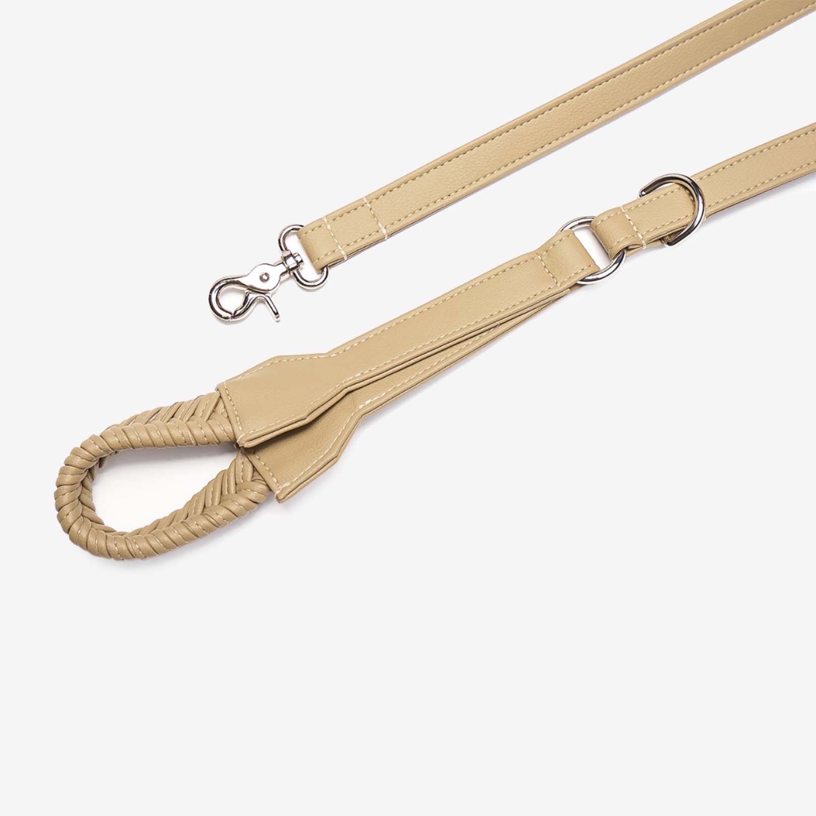 Stand by Me Leash in Sand, featuring a hand-braided design with silver hardware, showcasing its stylish cactus leather material.