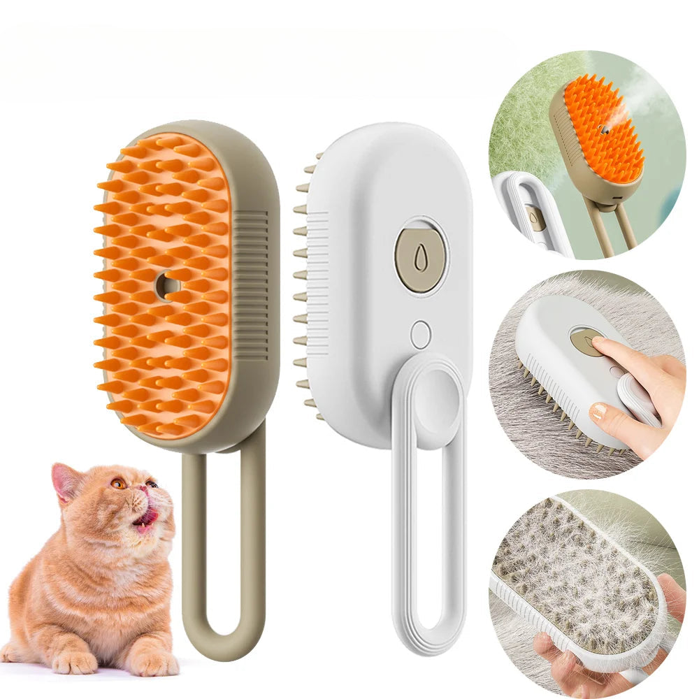 A vibrant yellow and green 3-in-1 electric cat brush with steam spray, designed for efficient grooming and cleaning without the need for a bath.