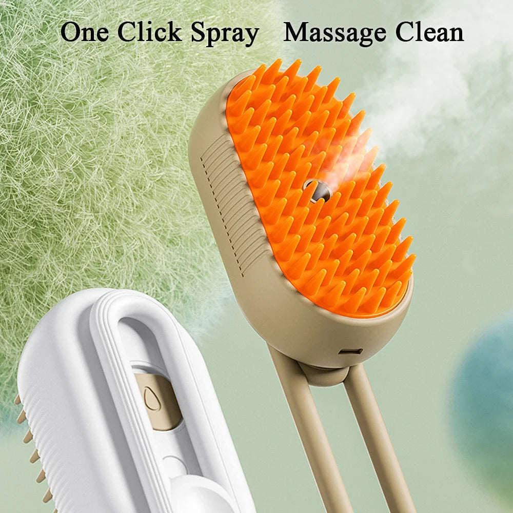 A vibrant yellow and green 3-in-1 electric cat brush with steam spray, designed for efficient grooming and cleaning without the need for a bath.