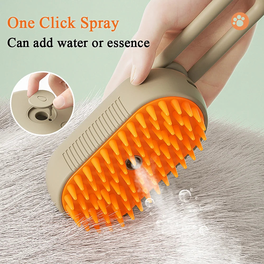 A vibrant yellow and green 3-in-1 electric cat brush with steam spray, designed for efficient grooming and cleaning without the need for a bath.