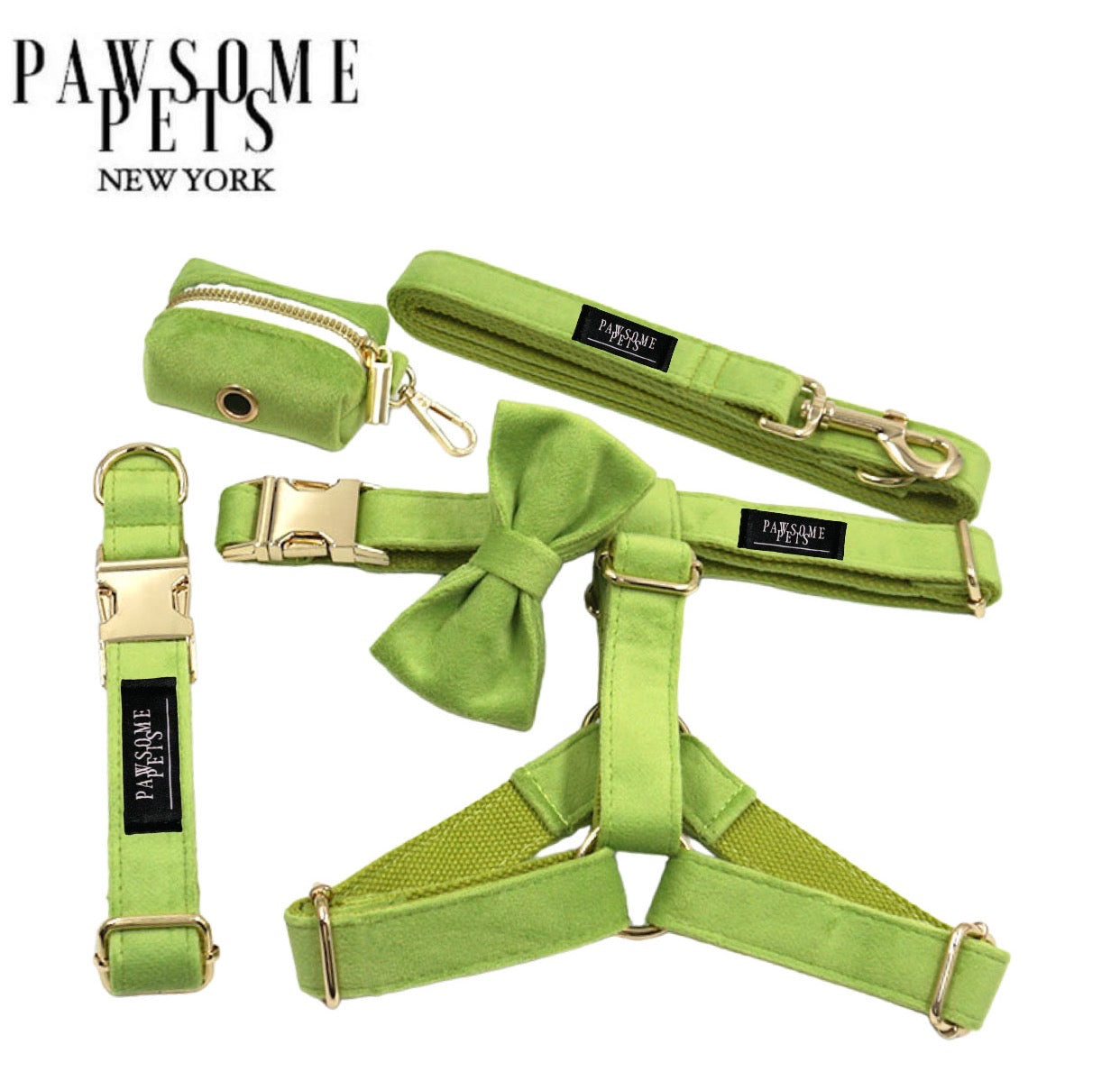 STEP IN BUNDLE - GREEN featuring a dog harness, collar, leash, bowtie, and waste bag holder in a vibrant green color.