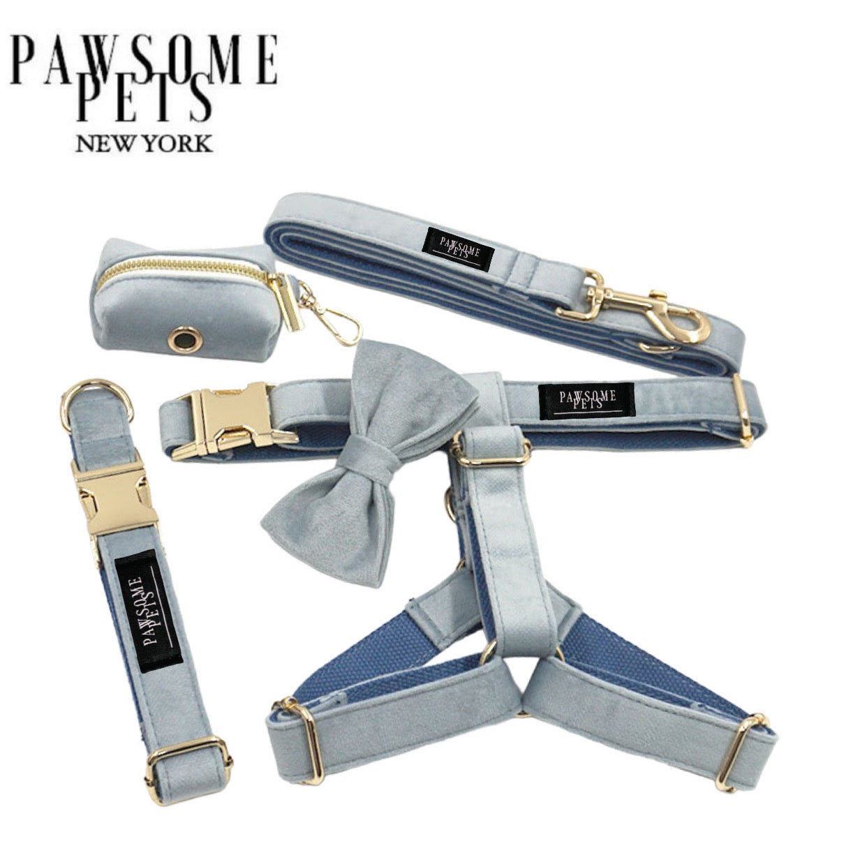 A stylish grey-blue 5-piece dog walking set including a harness, collar, leash, bowtie, and waste bag holder, designed for comfort and durability.