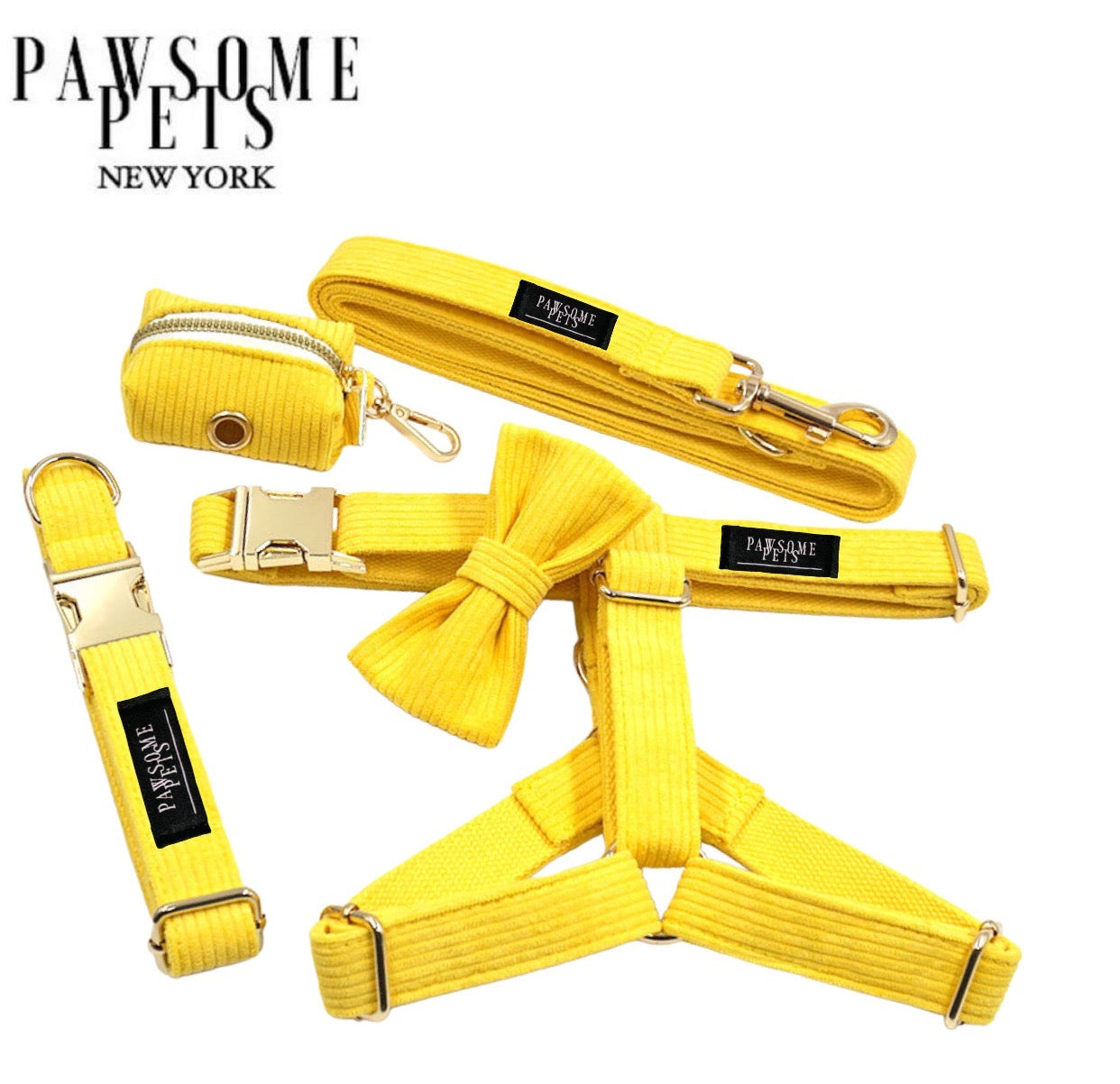 Light blue 5-piece pet walking set including harness, collar, leash, bowtie, and waste bag holder, designed for comfort and style.