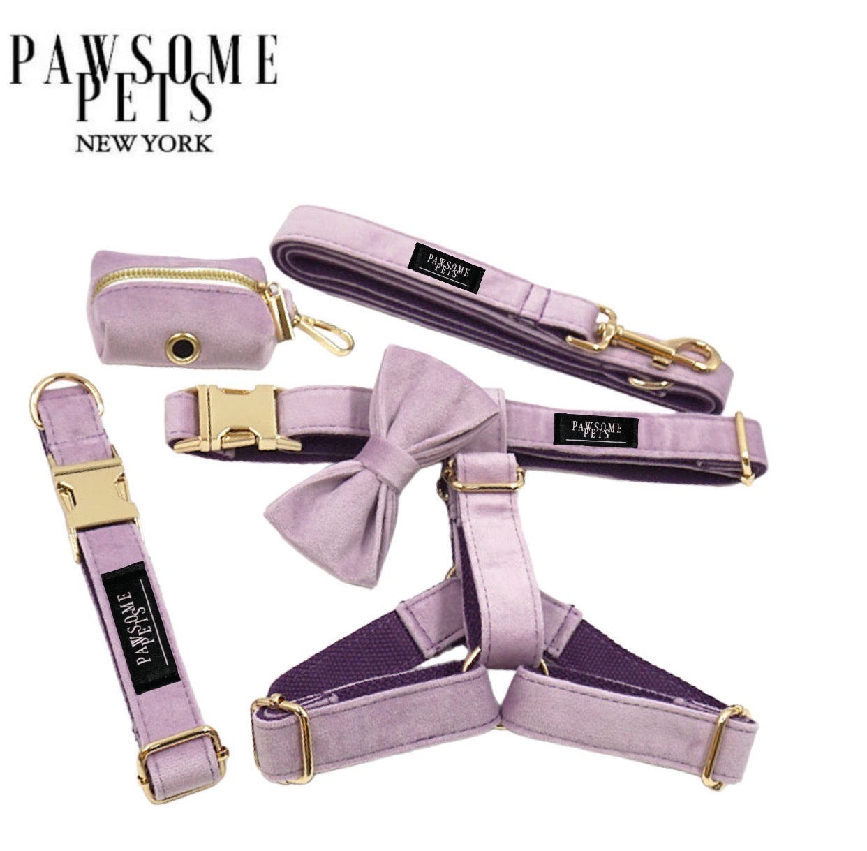Light purple 5-piece dog walking set including harness, collar, leash, bowtie, and waste bag holder, designed for comfort and style.