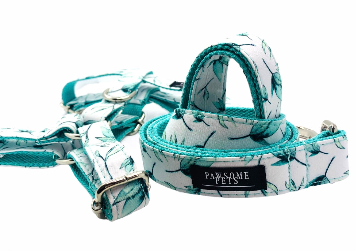 Two pieces of mint leaf patterned pet harnesses, showcasing durable construction and stylish design.