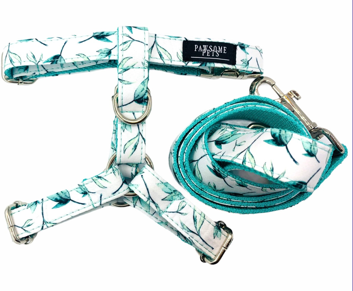 Two pieces of mint leaf patterned pet harnesses, showcasing durable construction and stylish design.