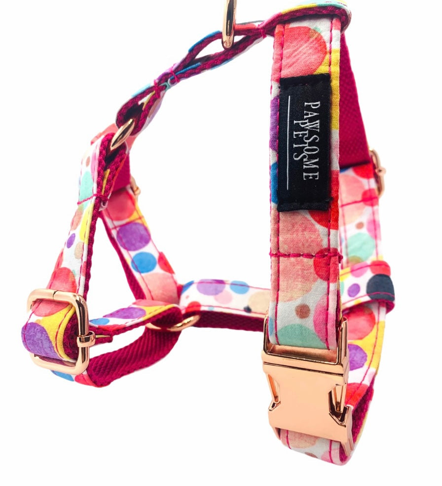 Two colorful pet harnesses from the STEP IN BUNDLE - OH MY BUBBLES, showcasing durable fabric and adjustable straps.