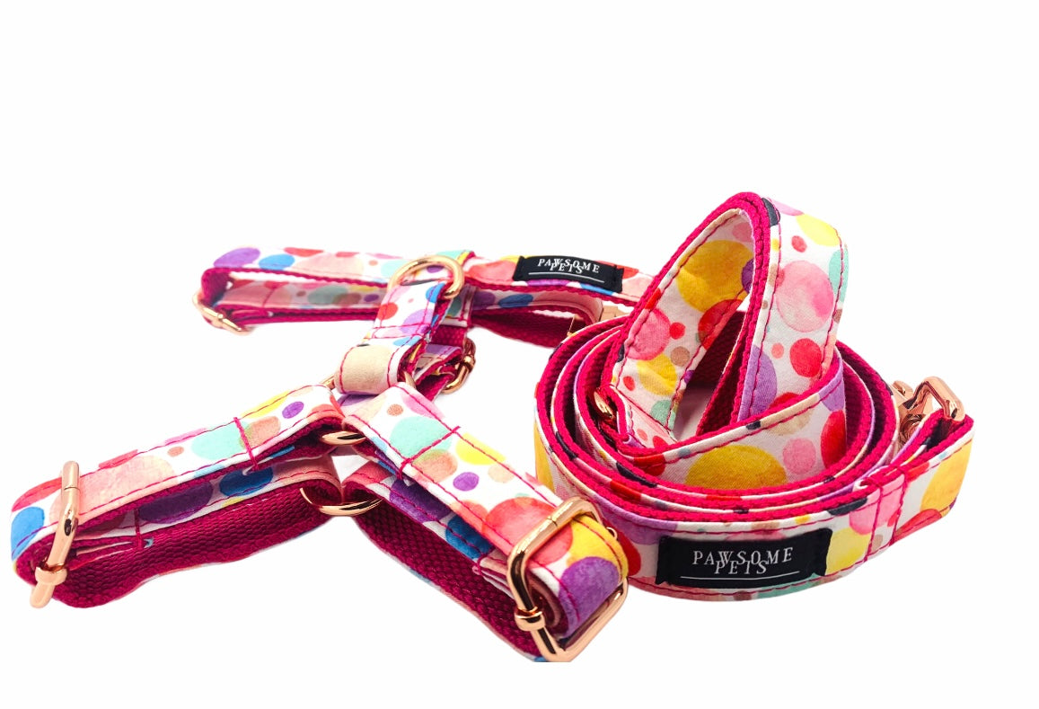 Two colorful pet harnesses from the STEP IN BUNDLE - OH MY BUBBLES, showcasing durable fabric and adjustable straps.