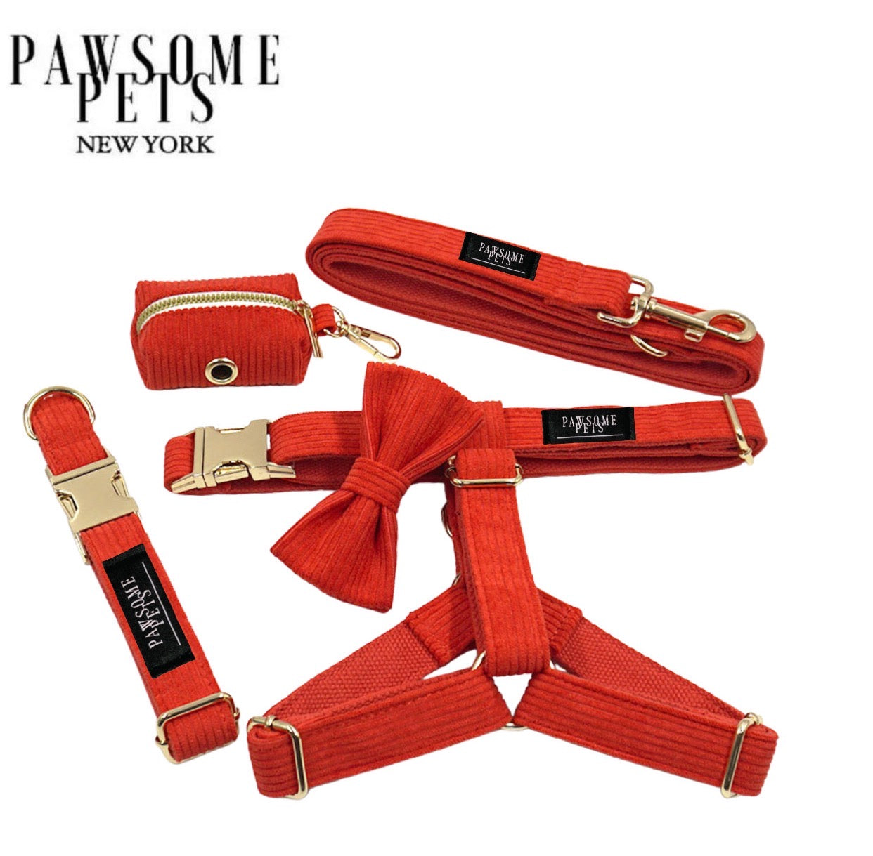 A vibrant orange-red 5-piece pet walking set including a harness, collar, leash, bowtie, and waste bag holder, designed for style and durability.