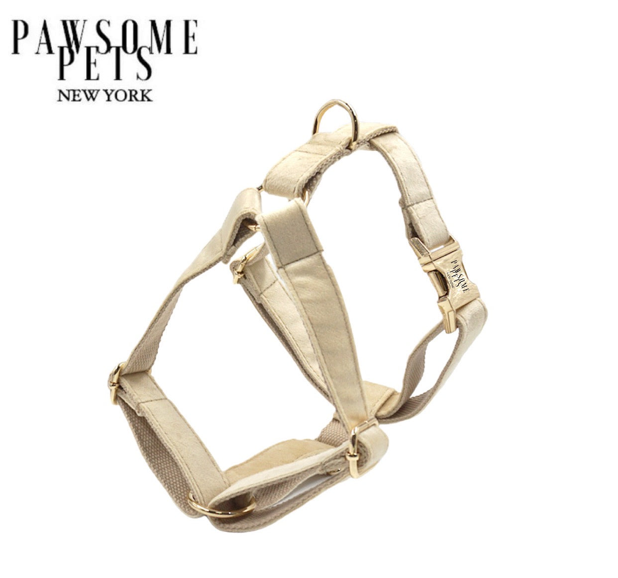 Beige step-in dog harness made from durable polyester with eco-friendly plastic buckles and a chromed steel D ring, suitable for all breeds.