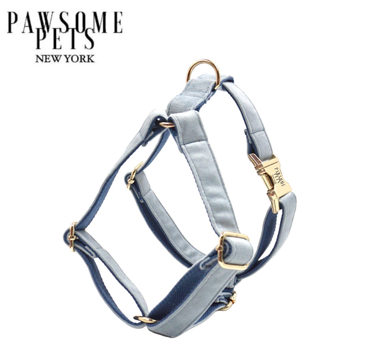 Blue Grey STEP IN HARNESS for dogs, featuring durable polyester webbing and eco-friendly plastic buckles, designed for comfort and style.