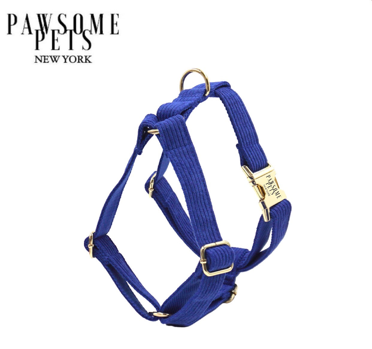 A stylish blue dog harness designed for comfort and durability, featuring eco-friendly buckles and a chromed steel D ring.
