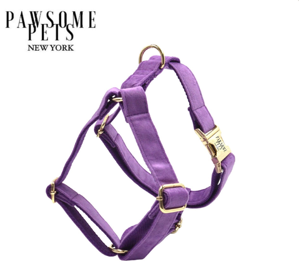 Dark purple step-in dog harness made from durable polyester with eco-friendly plastic buckles and chromed steel D-ring.