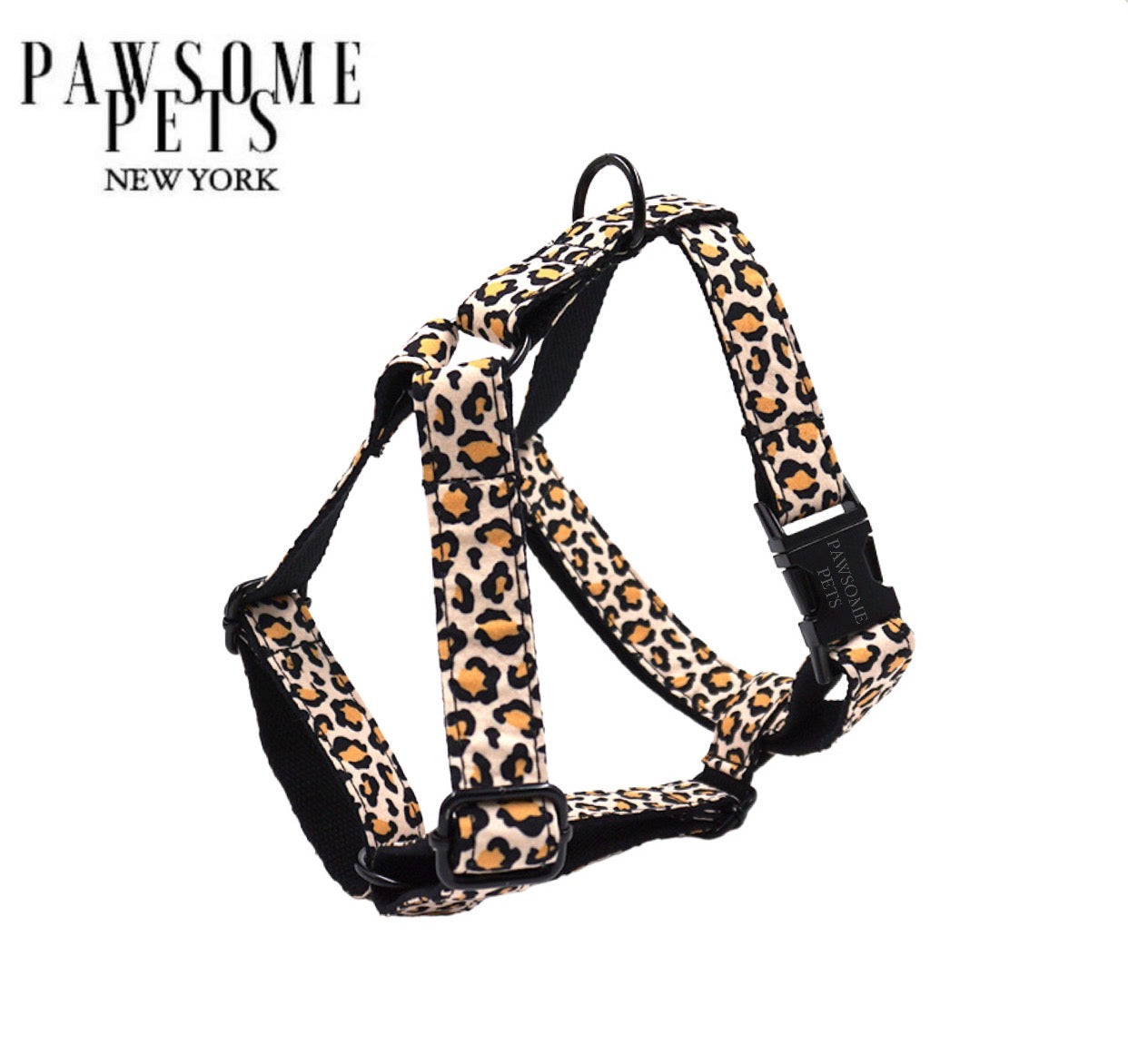 Stylish leopard print dog harness designed for comfort and durability, featuring eco-friendly buckles and a chromed steel D ring.