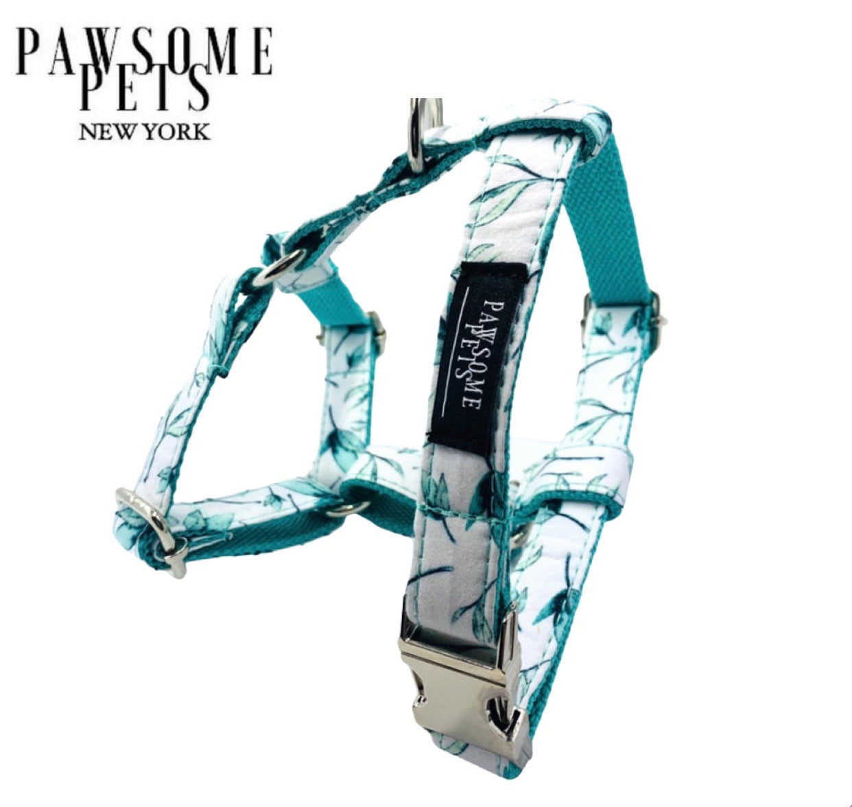 A stylish mint leaf colored dog harness designed for comfort and durability, featuring eco-friendly buckles and a chromed steel D ring.