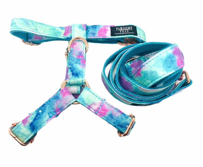 A stylish sky blue dog harness designed for comfort and durability, featuring eco-friendly plastic buckles and a chromed steel D-ring.