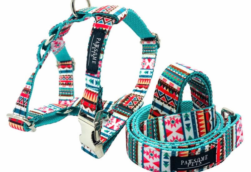 A colorful tropical dog harness designed for comfort and style, featuring eco-friendly materials and a secure D ring for leash attachment.