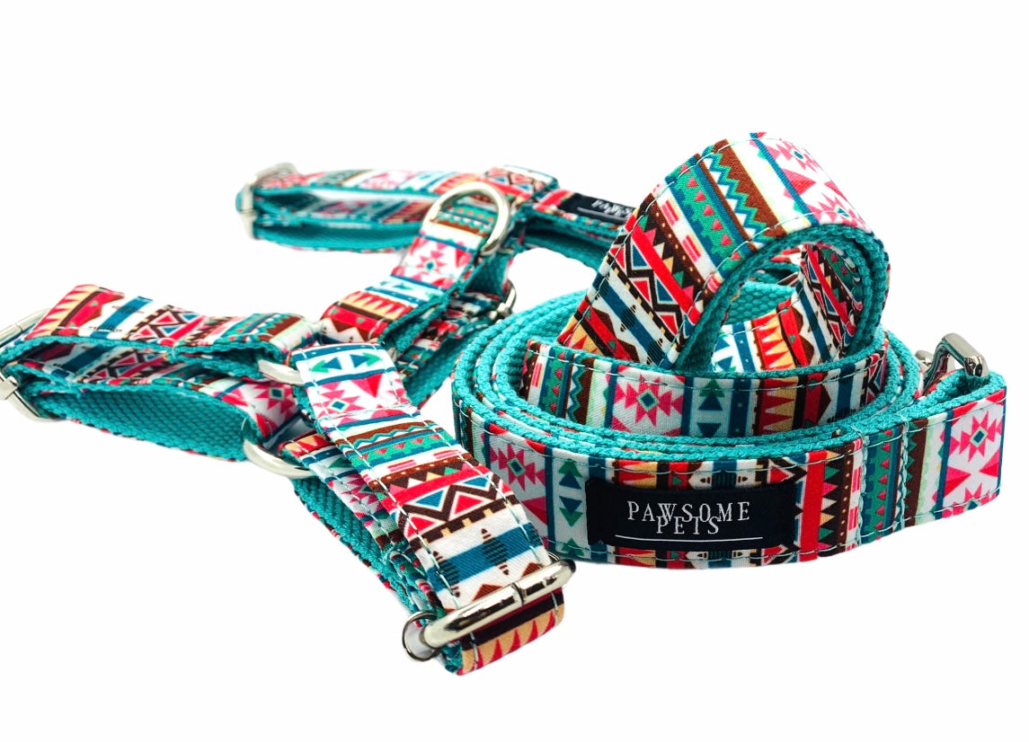 A colorful tropical dog harness designed for comfort and style, featuring eco-friendly materials and a secure D ring for leash attachment.